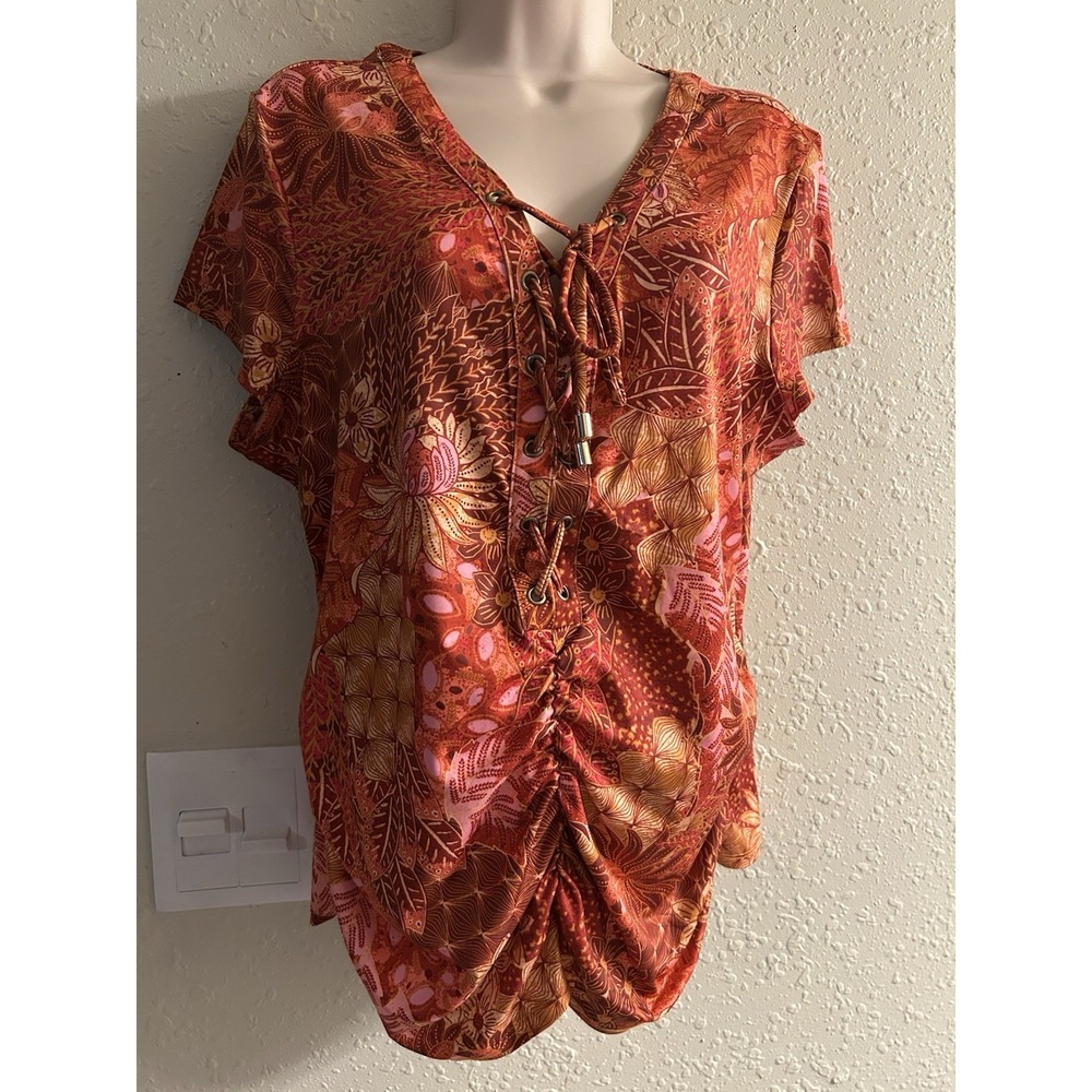 Thomas And Olivia Women XL Multicolor Lace Up Tie Front Blouse Floral Ruched Top